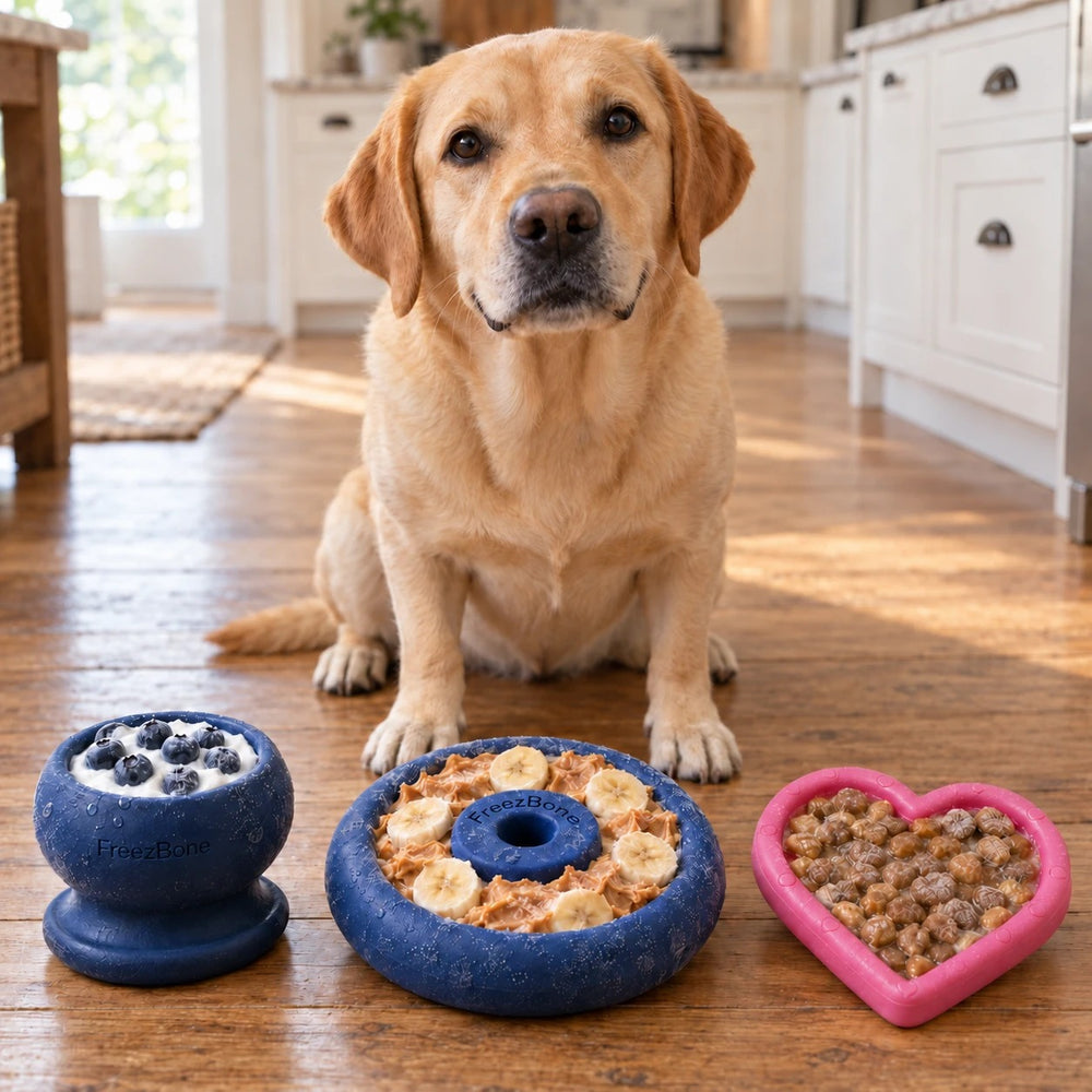 Yellow Labrador sitting behind three filled FreezBone toys