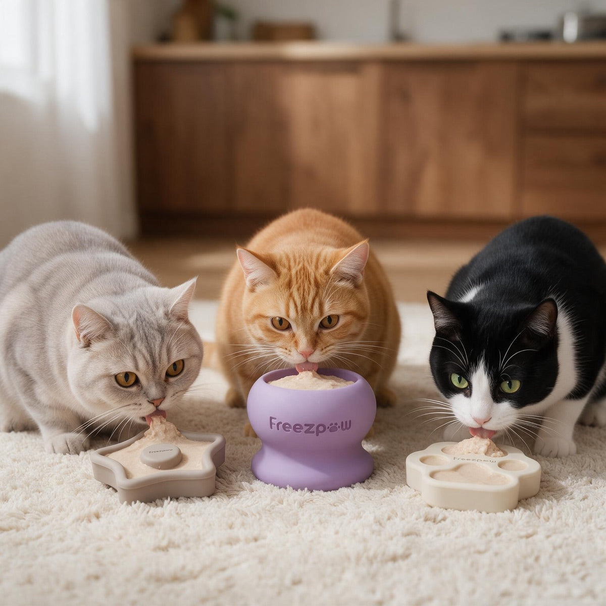 Three cats eating from FreezPaw treat toys
