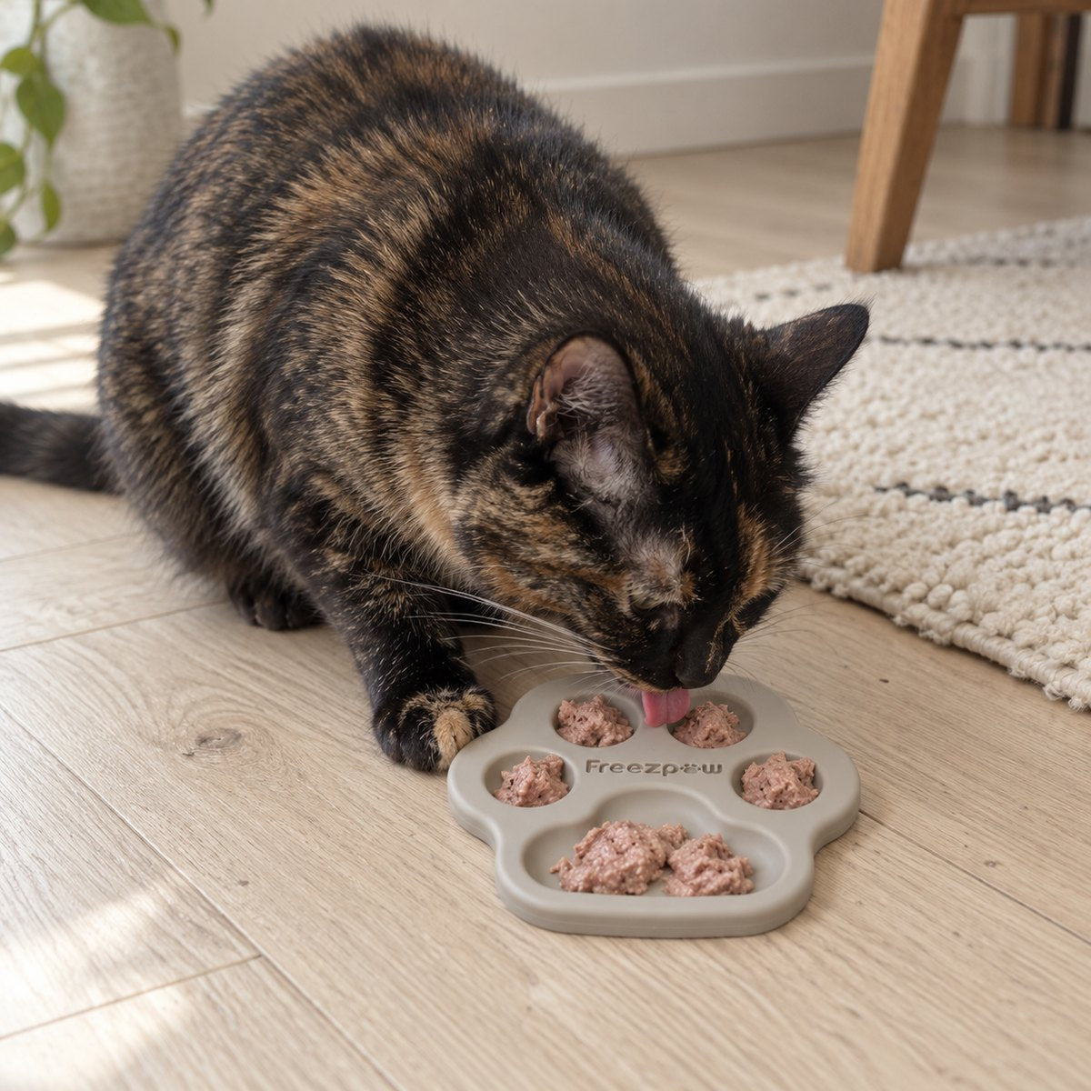 Cat licking wet food from a FreezPaw lick pad