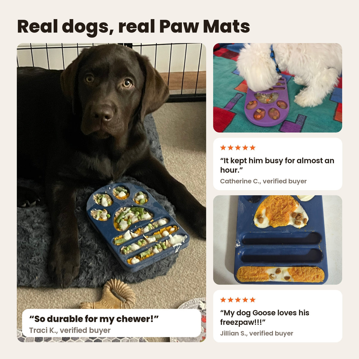 FreezPaw Mat with real dogs: a lab puppy lying next to a filled navy mat, a small white dog licking a purple mat, and a filled navy mat. Reviews from Traci K., Catherine C. and Jillian S.