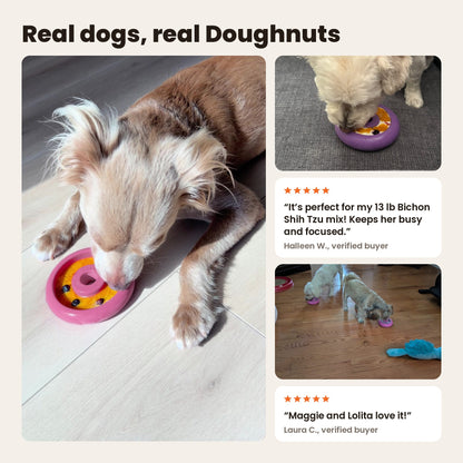A small dog licking a pink FreezDoughnut filled with fruit, with customer photos. Review: It’s perfect for my 13 lb Bichon Shih Tzu mix