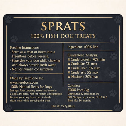 Freezbone Sprats Dog Treats - Single ingredient High Protein  (Value Size 8 oz)