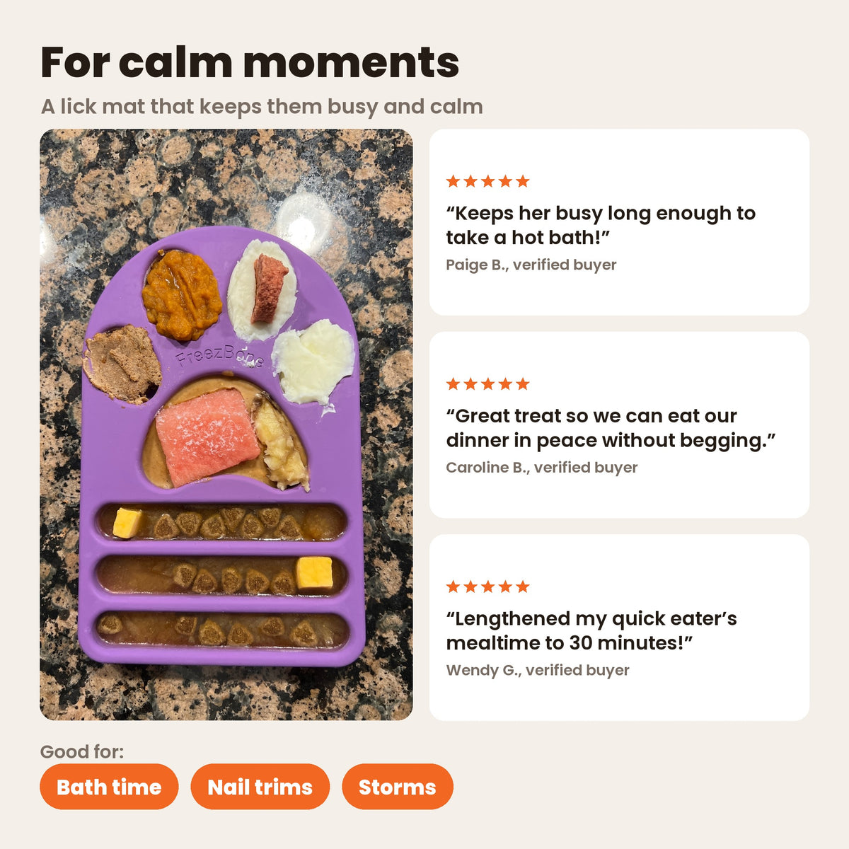 FreezPaw Mat for calm moments: a filled purple lick mat with reviews about bath time, quiet dinners and slower meals. Good for bath time, nail trims and storms