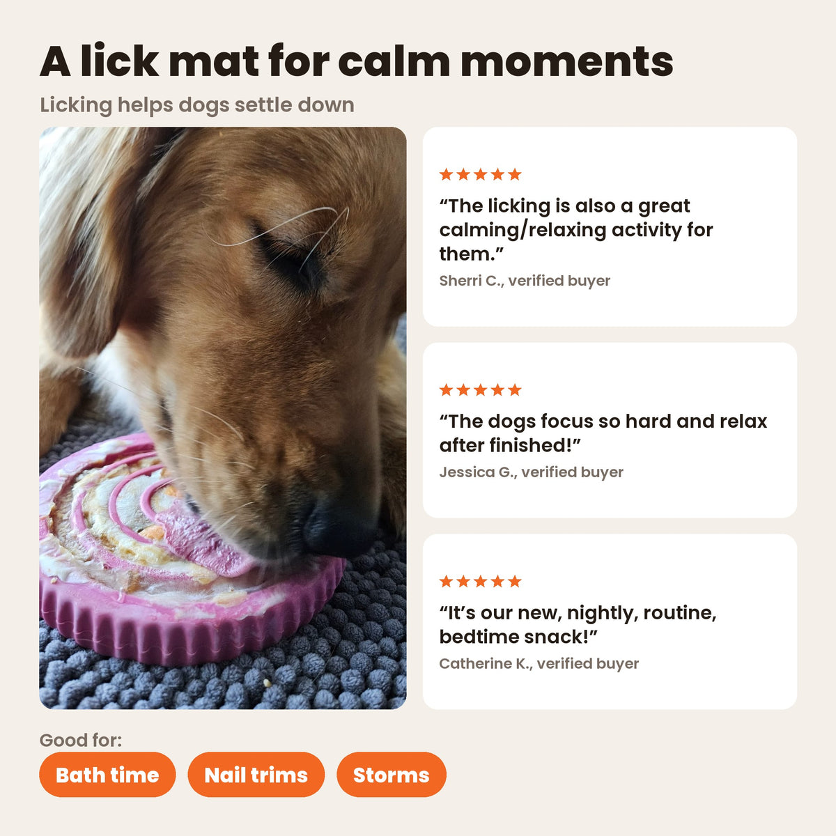 FreezSwirl, a lick mat for calm moments: a golden retriever licking a filled pink FreezSwirl. Good for bath time, nail trims and storms
