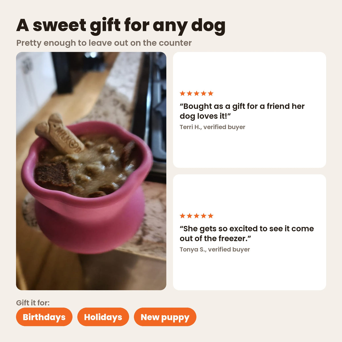Freezflower Cup in pink, filled and sitting on a kitchen counter, a sweet gift for birthdays, holidays or a new puppy. Reviews from Terri H. and Tonya S.