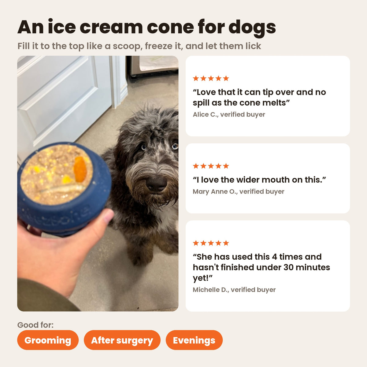 FreezCone, an ice cream cone for dogs: a navy FreezCone filled to the top, held up in front of a doodle. Good for grooming, after surgery and evenings