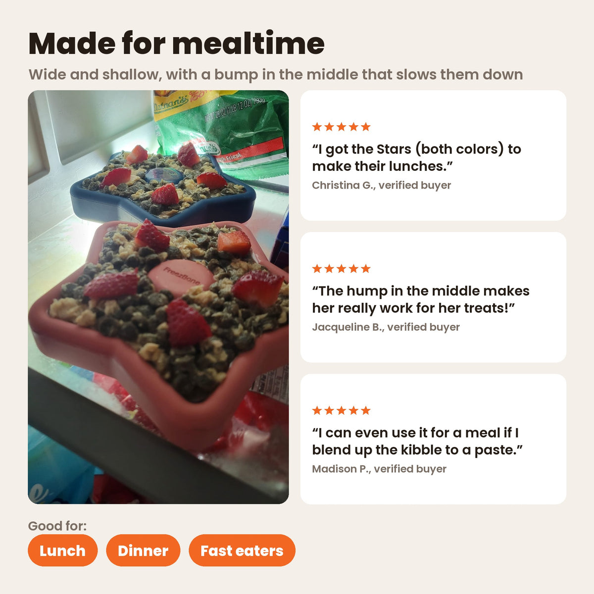 FreezStar made for mealtime: navy and coral FreezStars filled with kibble and strawberries. Wide and shallow, with a bump in the middle that slows dogs down