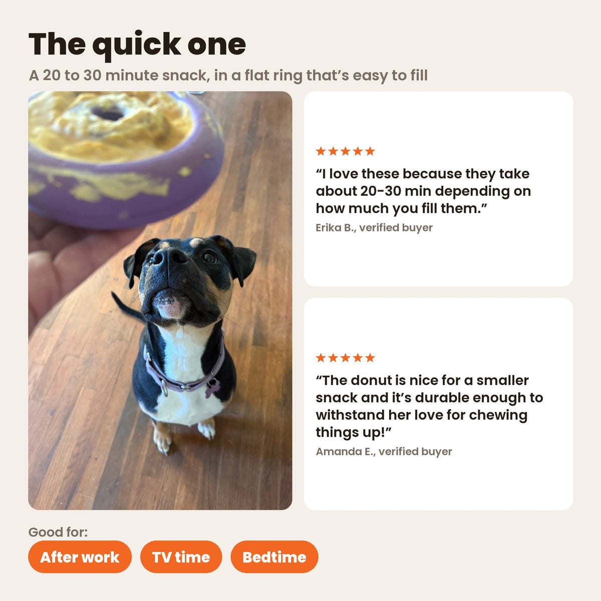 The quick one: a 20 to 30 minute snack in a flat ring that’s easy to fill, with reviews from Erika B. and Amanda E. Good for after work, TV time and bedtime