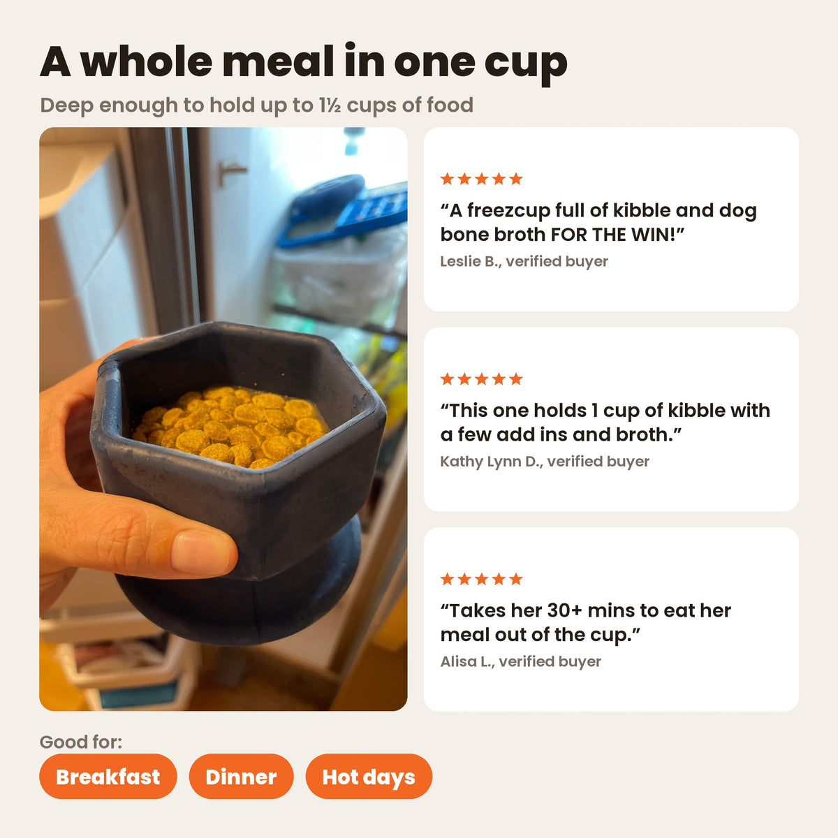 FreezCup holds a whole meal: a navy FreezCup full of kibble in a hand. Deep enough to hold up to 1 1/2 cups of food. Good for breakfast, dinner and hot days