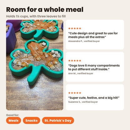 FreezShamrock holds 1 1/4 cups, with three leaves to fill: two shamrocks filled with treats, with reviews from Alexandra P., Ann M. and Suzanne S. Good for meals, snacks and St. Patrick’s Day