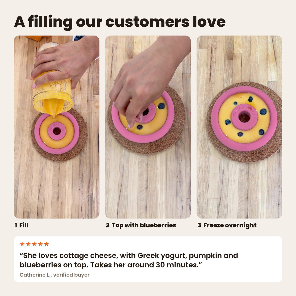 Filling a pink FreezDoughnut and topping it with blueberries. Customer recipe: cottage cheese, Greek yogurt, pumpkin and blueberries on top