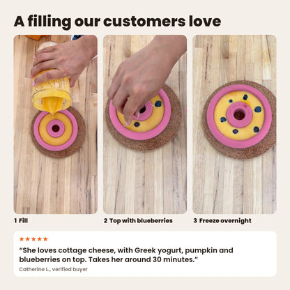 Filling a pink FreezDoughnut and topping it with blueberries. Customer recipe: cottage cheese, Greek yogurt, pumpkin and blueberries on top
