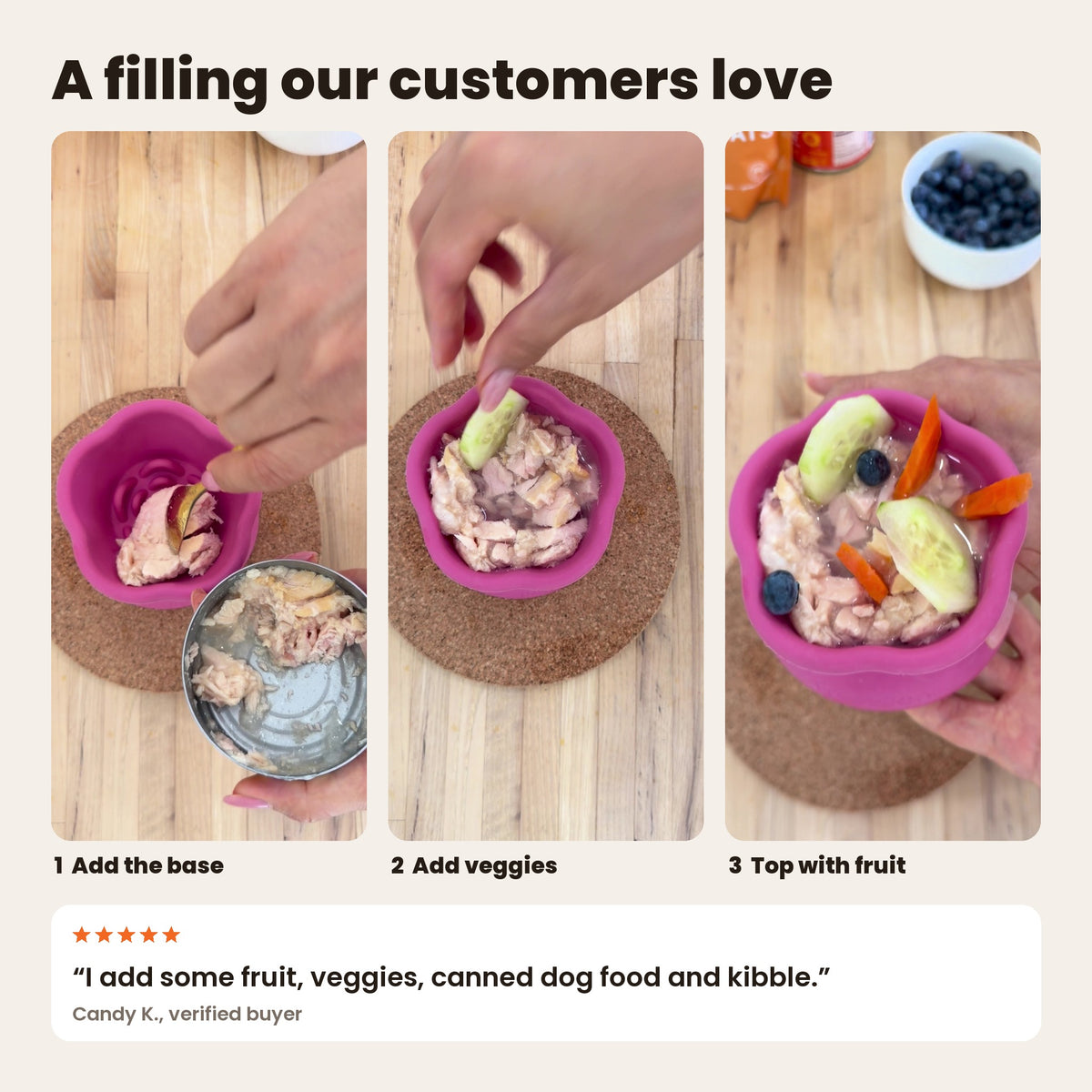 Freezflower Cup filling: adding a base, veggies and blueberries to a pink cup. Customer recipe: fruit, veggies, canned dog food and kibble