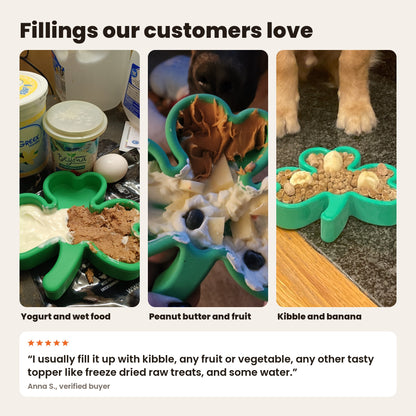 FreezShamrocks filled by customers with yogurt and wet food, peanut butter and fruit, and kibble and banana. Review: kibble, fruit or vegetables, freeze dried treats and water