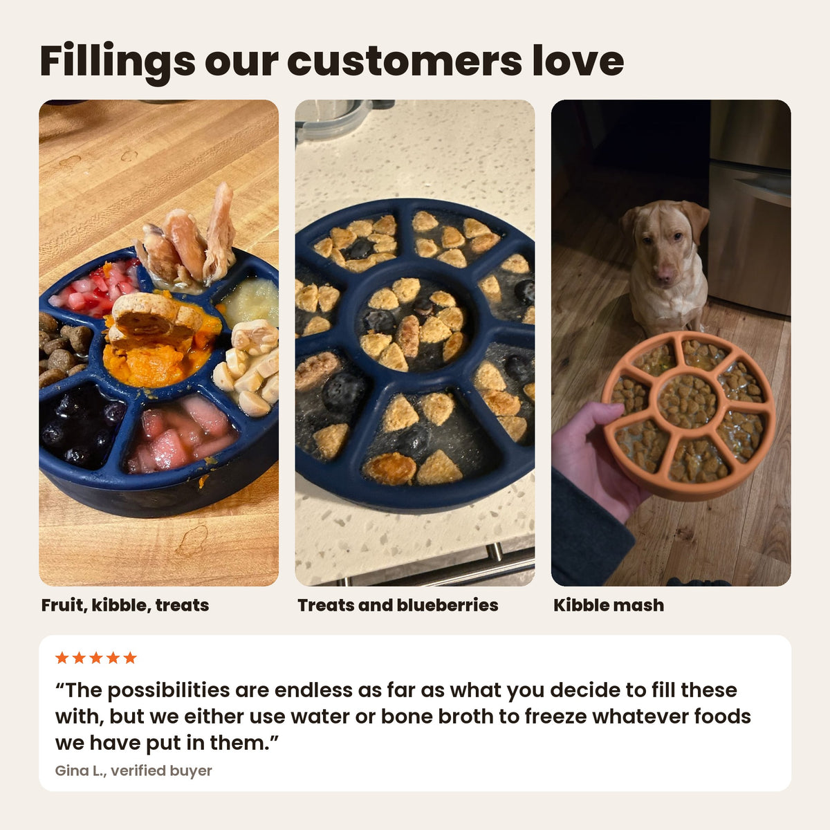 FreezWheel fillings from customers: fruit, kibble and treats; treats and blueberries; kibble mash