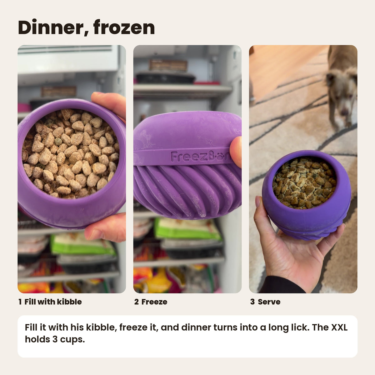 Dinner, frozen: fill the FreezJumbo with kibble, freeze it, then serve. The XXL holds 3 cups