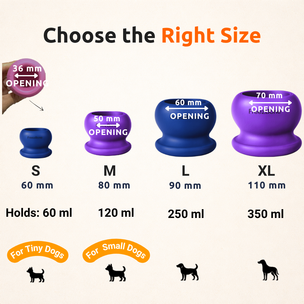 Freezball size guide - S, M, L, XL with opening sizes