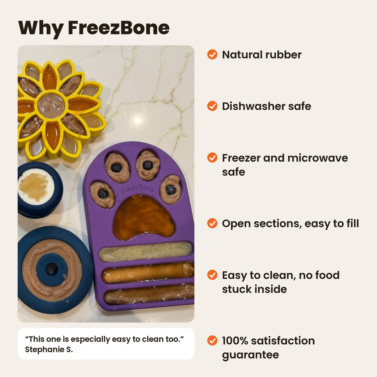 FreezPaw Mat, why FreezBone: a FreezPaw Mat with other FreezBone toys. Natural rubber, dishwasher safe, freezer and microwave safe, easy to fill and clean, 100% satisfaction guarantee