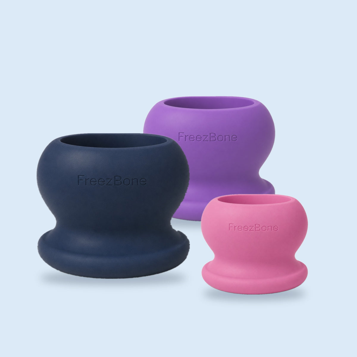 FreezBall in navy, purple and pink, shown in XL, L and M