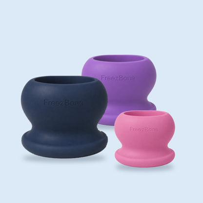 FreezBall in navy, purple and pink, shown in XL, L and M