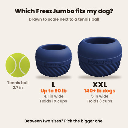 FreezJumbo size guide drawn to scale next to a tennis ball: L is 4.1 in wide, holds 1 3/4 cups, for dogs up to 90 lb. XXL is 5 in wide, holds 3 cups, for dogs 140+ lb