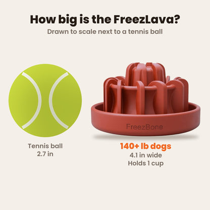 FreezLava size guide drawn to scale next to a tennis ball: 4.1 in wide, holds 1 cup, for dogs 140+ lb