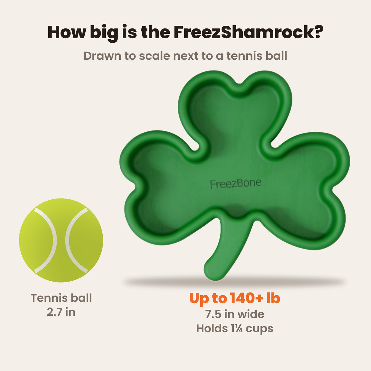 FreezShamrock drawn to scale next to a tennis ball: 7.5 in wide, holds 1 1/4 cups, for dogs up to 140+ lb