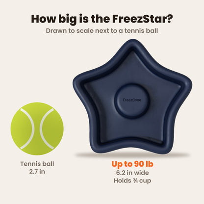 FreezStar size guide drawn to scale next to a tennis ball: 6.2 in wide, holds 3/4 cup, for dogs up to 90 lb