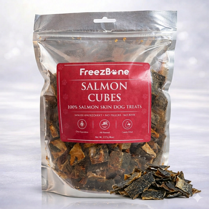 Salmon Cubes – 100% Salmon Skin Dog Treats (8 oz)