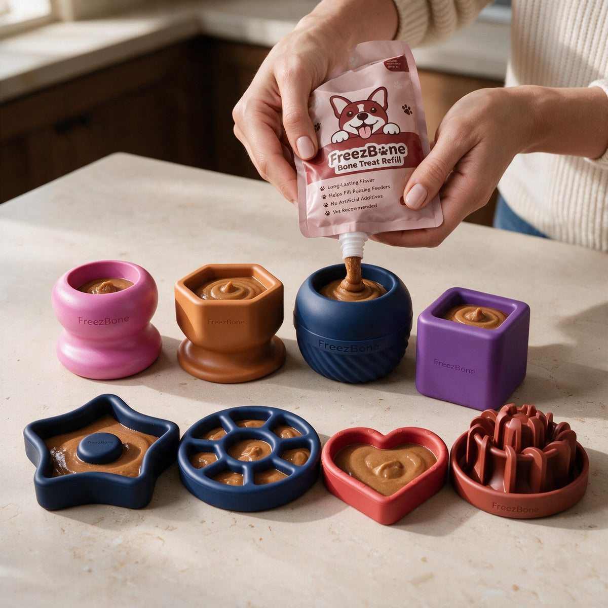 Filling a Freezbone Complete Dog Enrichment Bundle with a soft treat