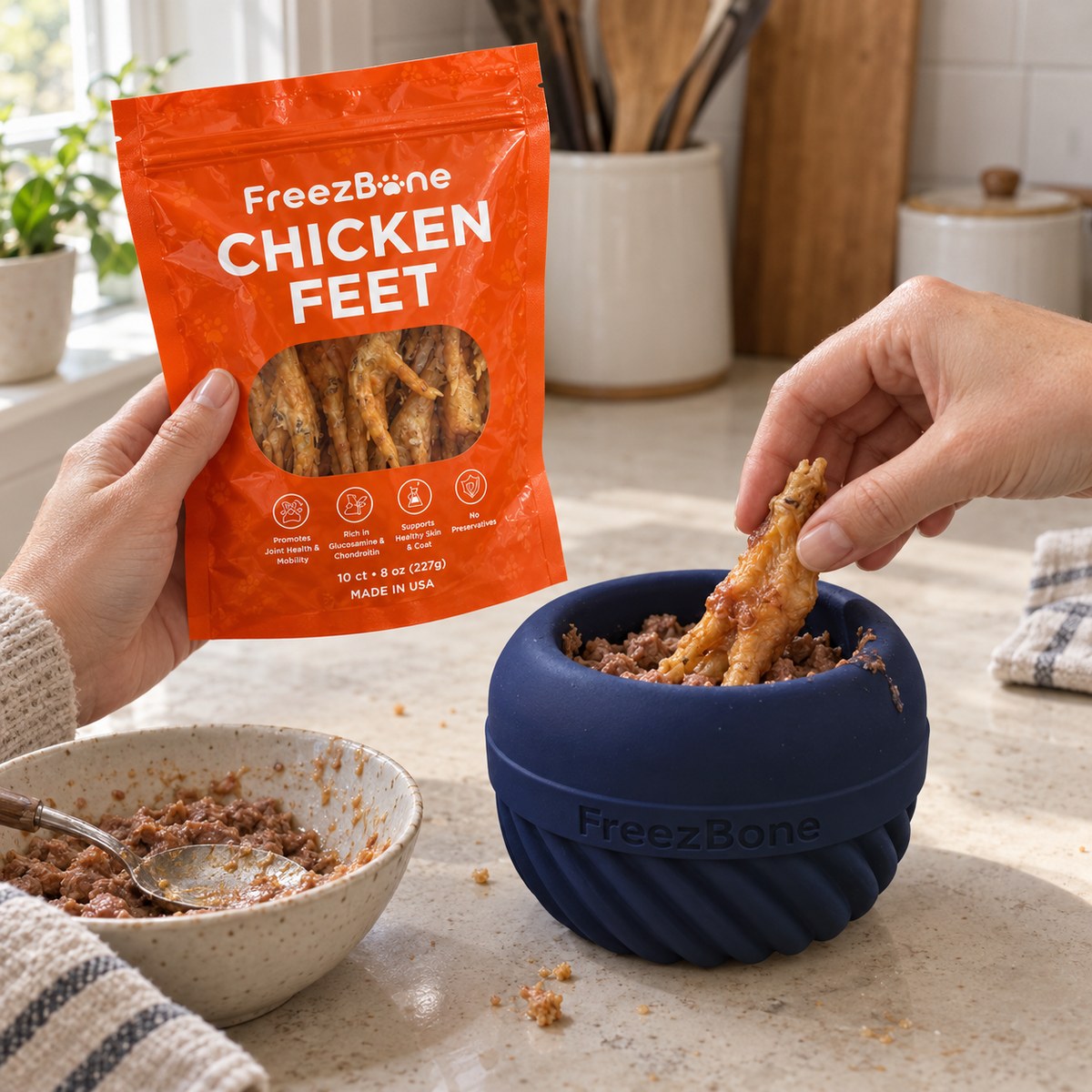 Filling a Crunchy Feet Bundle with a soft treat