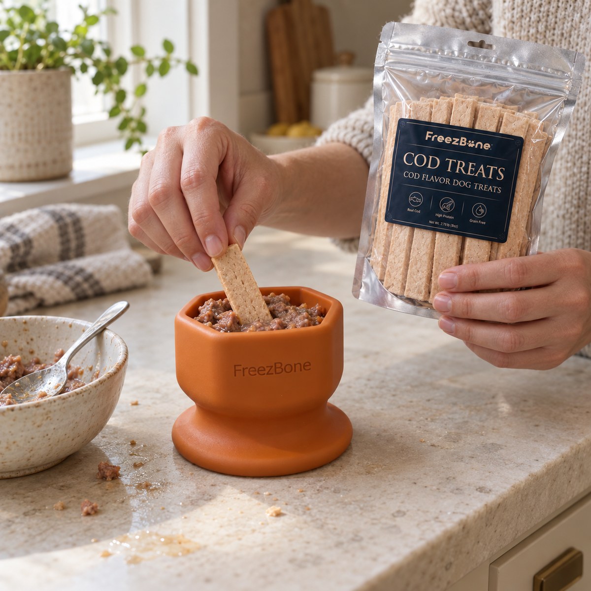 Filling a Cod Dog Treats with a soft treat