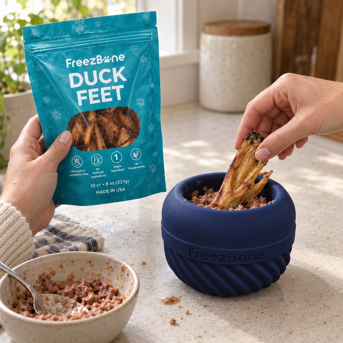 Filling a Duck Feet Dental Treats  with a soft treat
