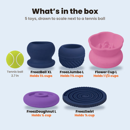 What's in the Family Value Bundle, drawn to scale next to a tennis ball: FreezBall XL holds 1 1/2 cups, FreezJumbo L 1 3/4 cups, Flower Cup L 1 1/3 cups, FreezDoughnut L 1/2 cup, FreezSwirl 3/4 cup