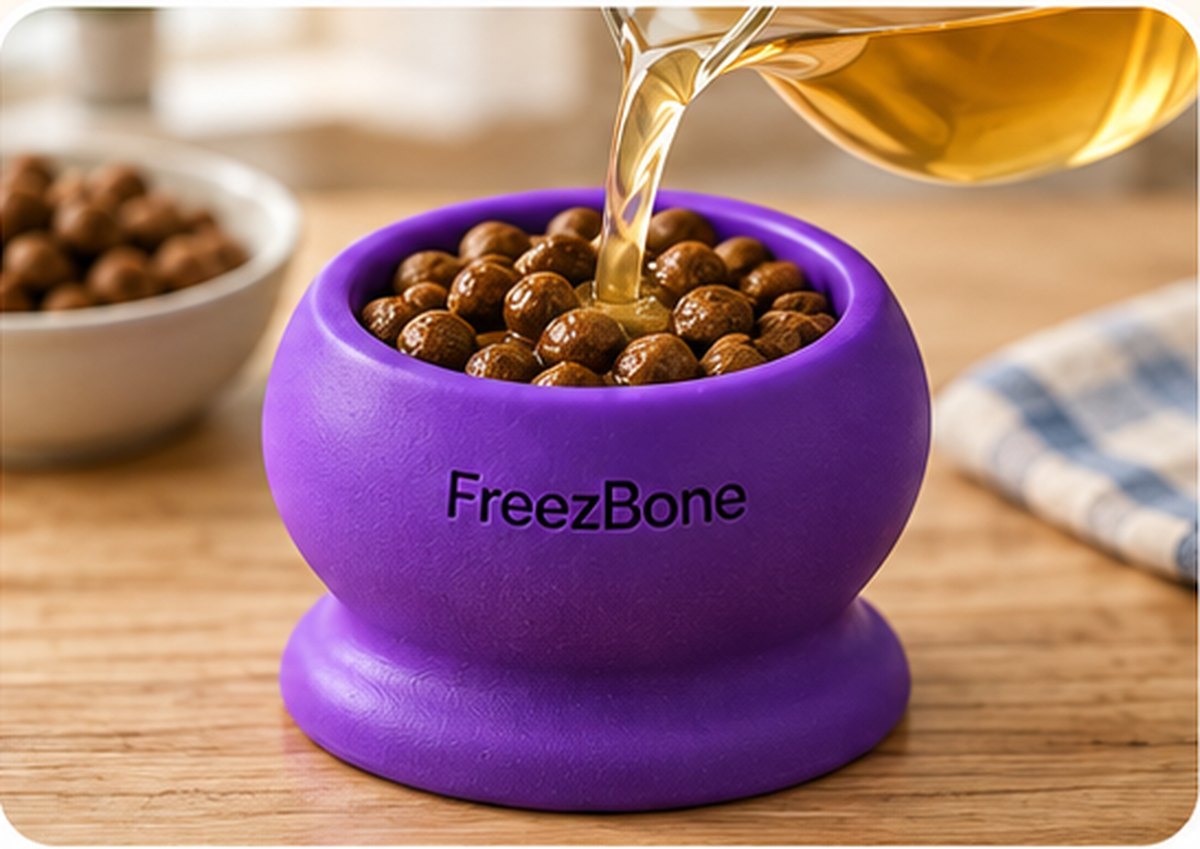 Freezbone Complete Dog Enrichment Bundle filled with broth + kibble