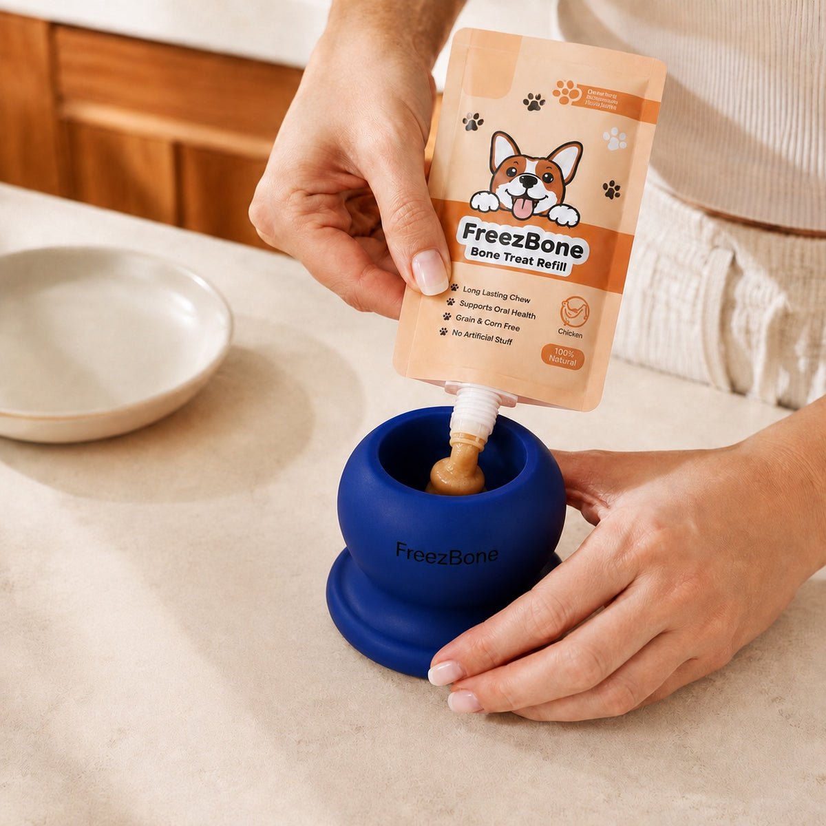 Filling a Freezbone Complete Dog Enrichment Bundle with a soft treat