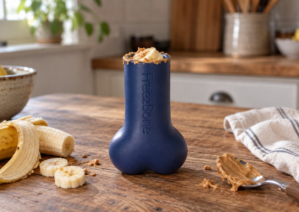 Freezbone filled with peanut butter + banana