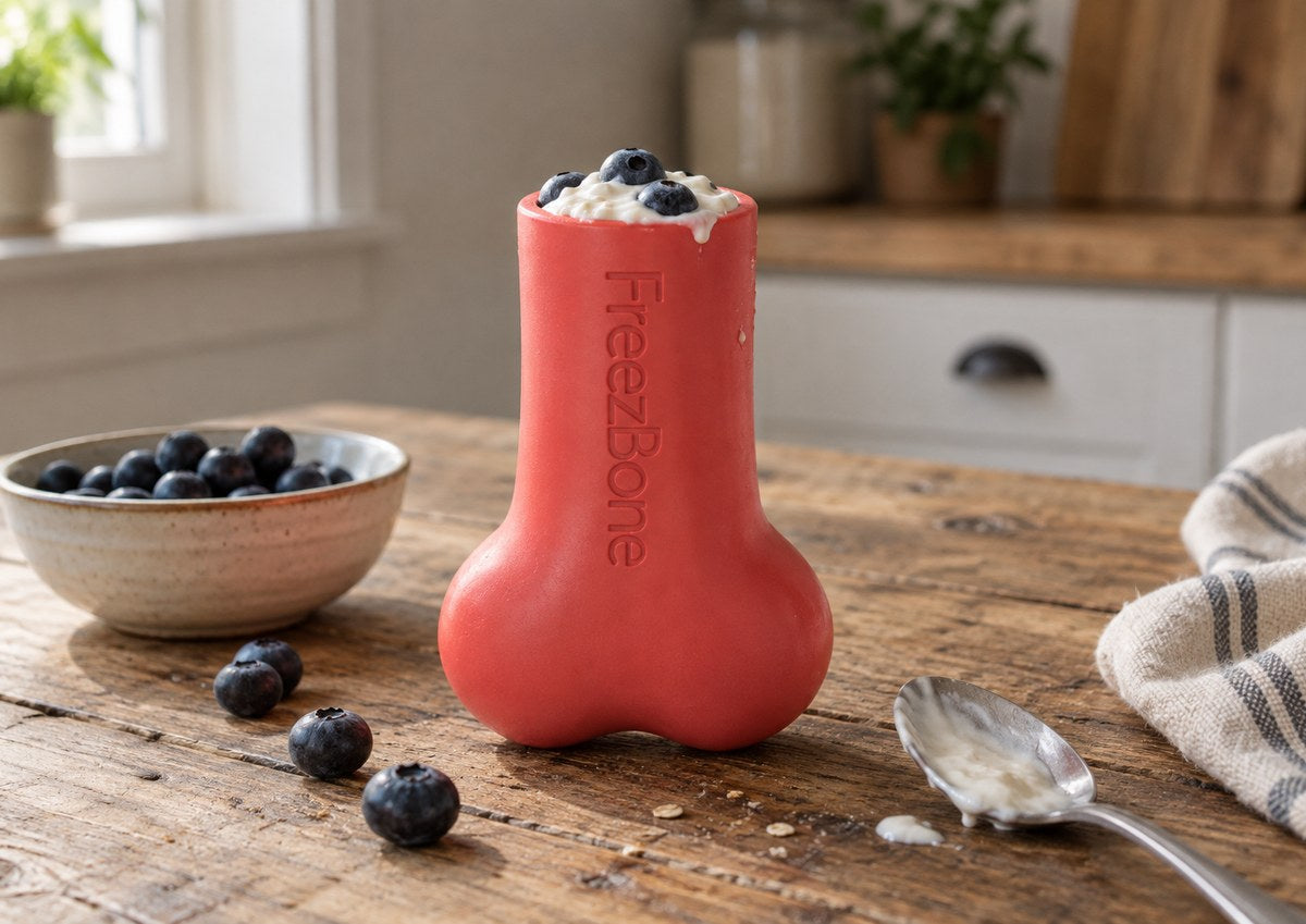 Freezbone filled with yogurt + blueberries