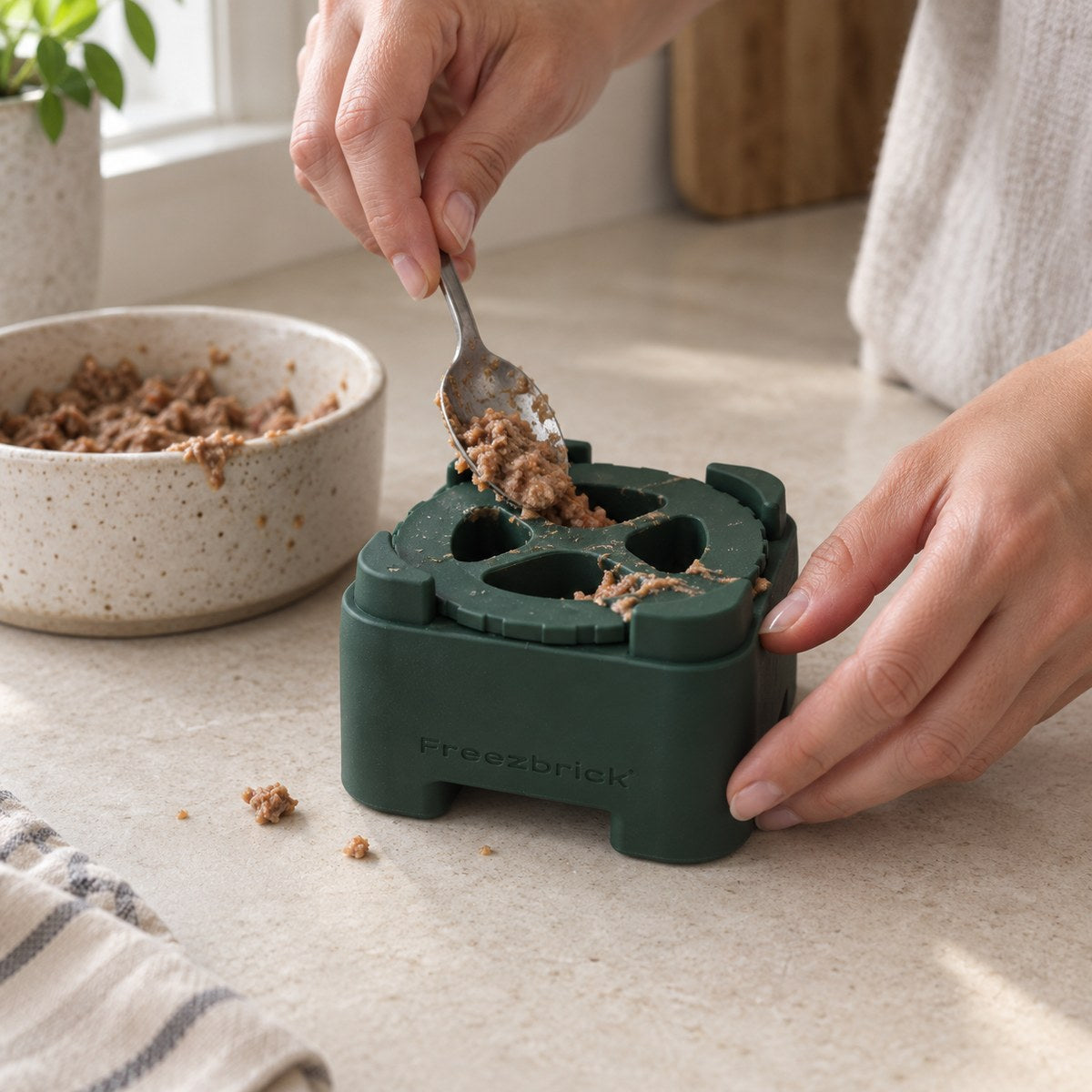 Filling a FreezBrick with a soft treat