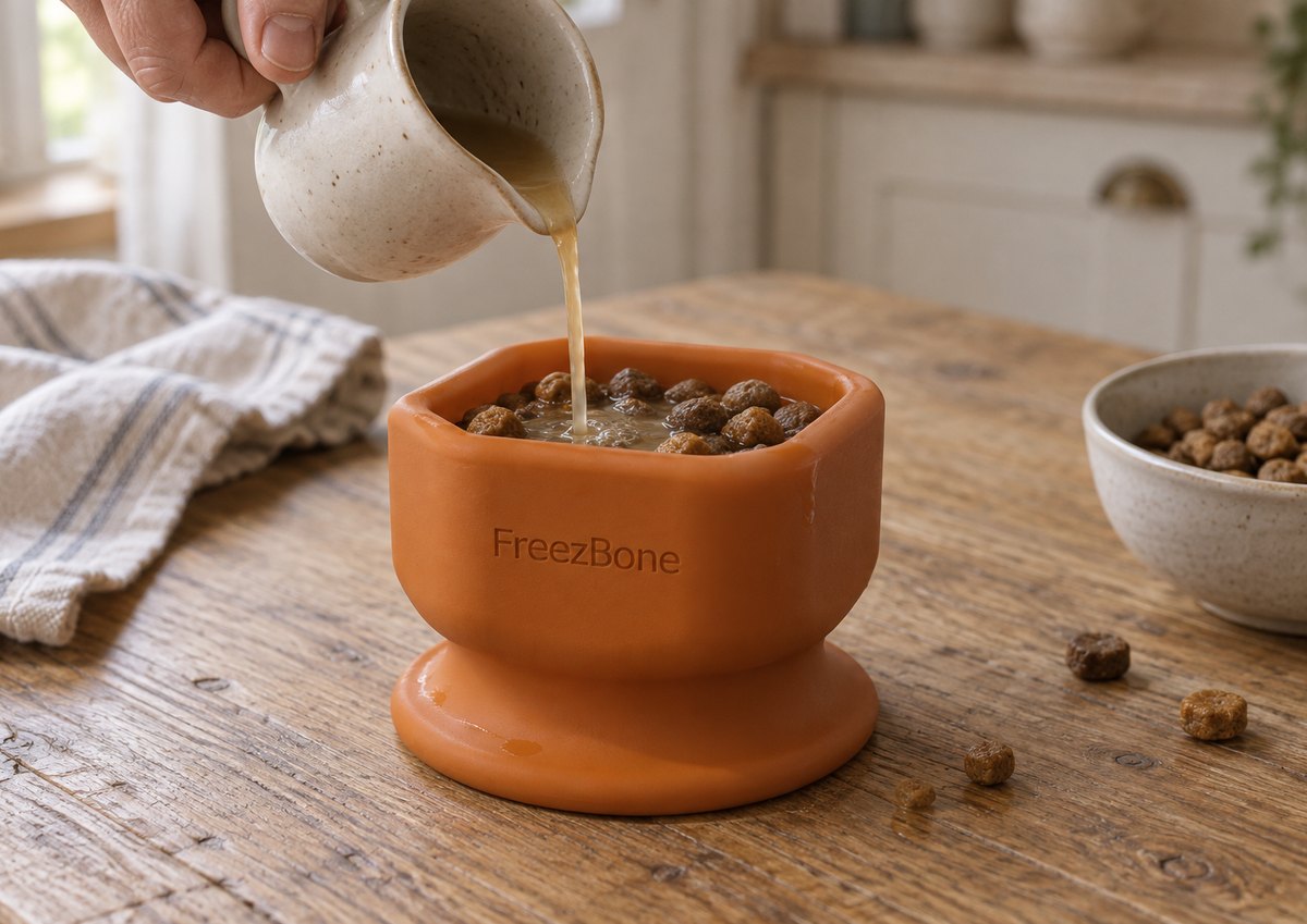 FreezCup filled with broth + kibble