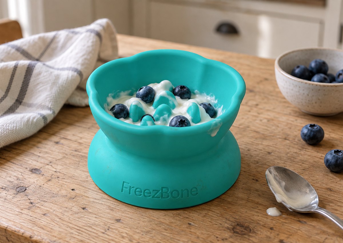 Freezflower Cup filled with yogurt + blueberries