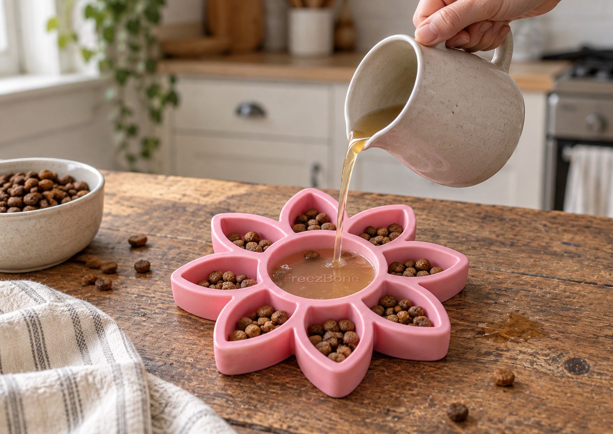 FreezFlower filled with broth + kibble