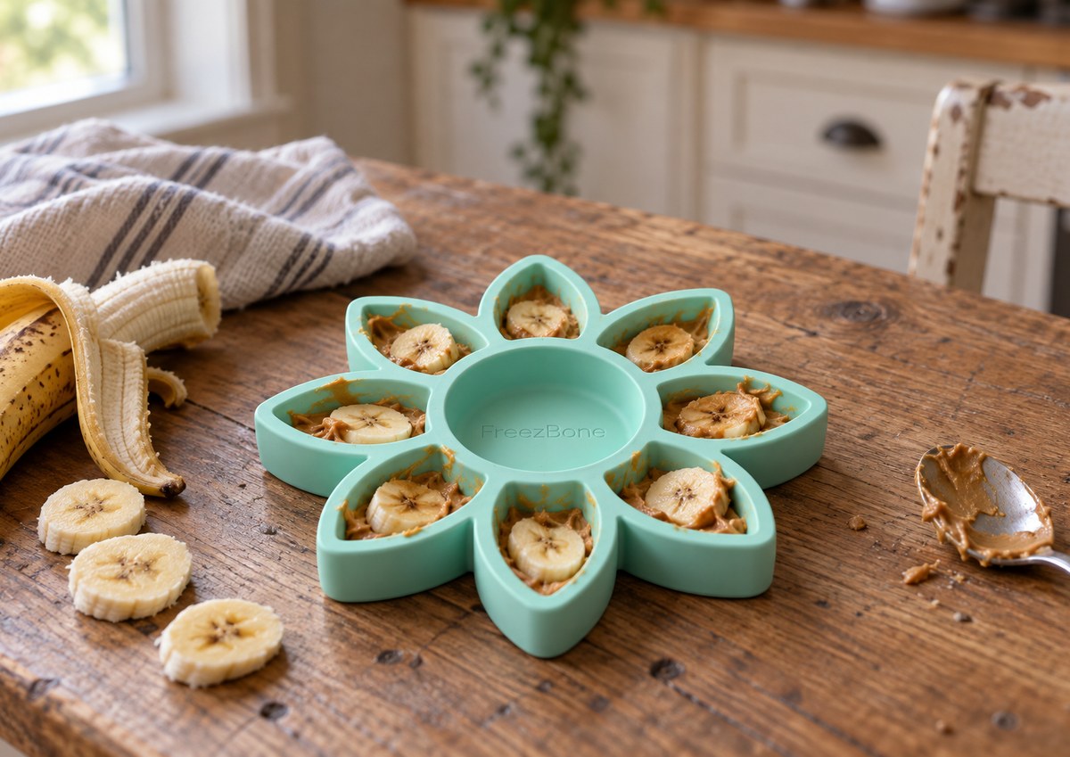 FreezFlower filled with peanut butter + banana
