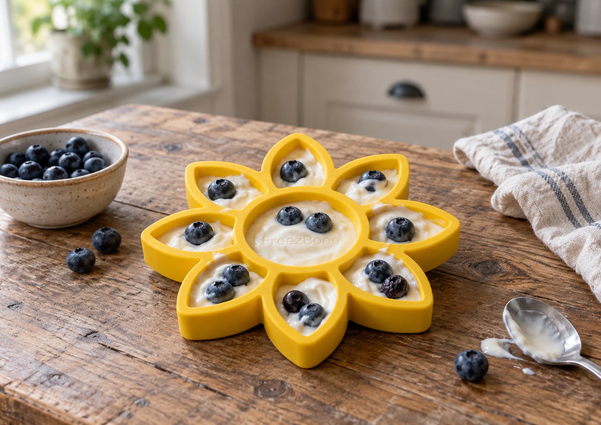 FreezFlower filled with yogurt + blueberries