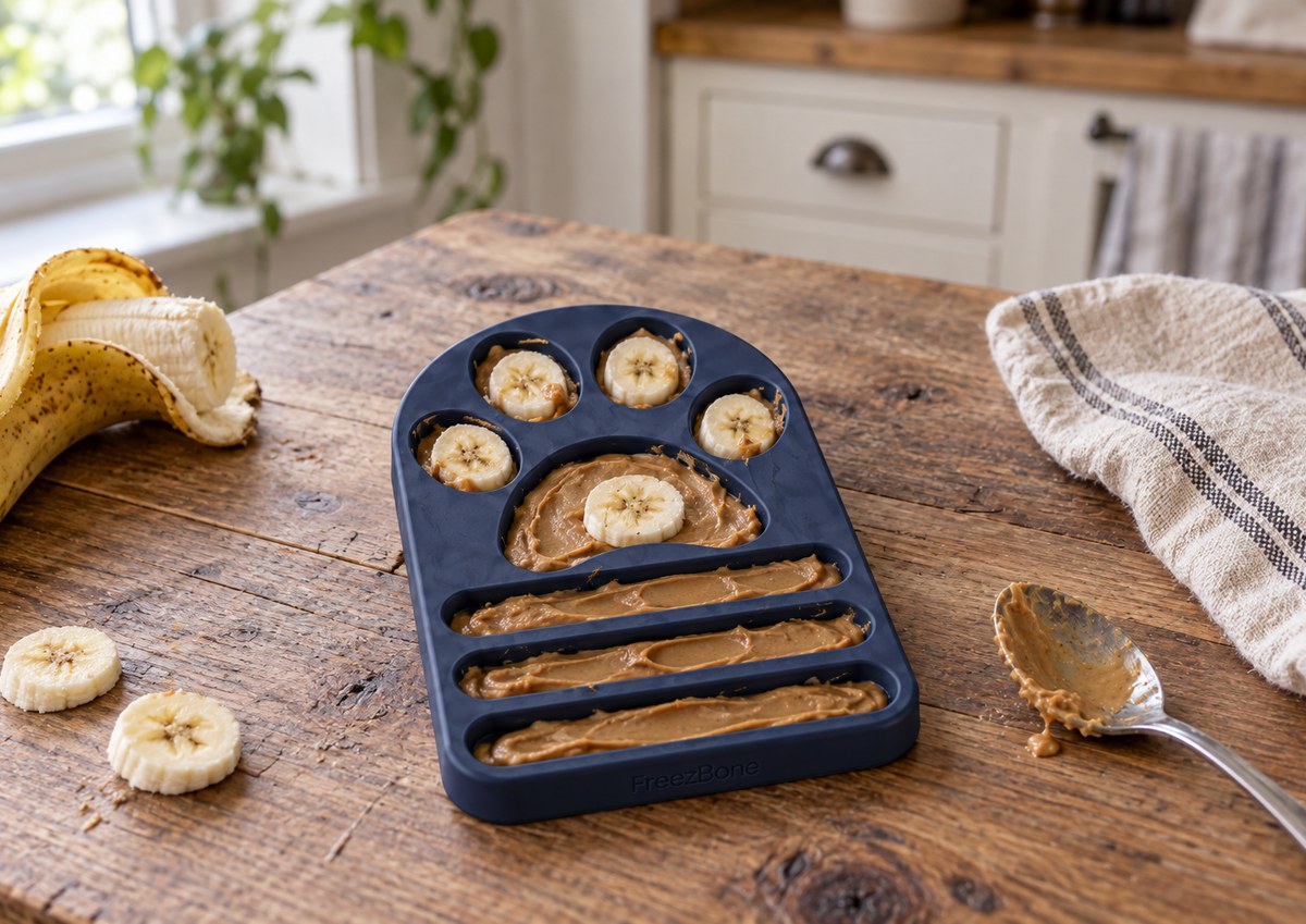 FreezPaw Mat  filled with peanut butter + banana