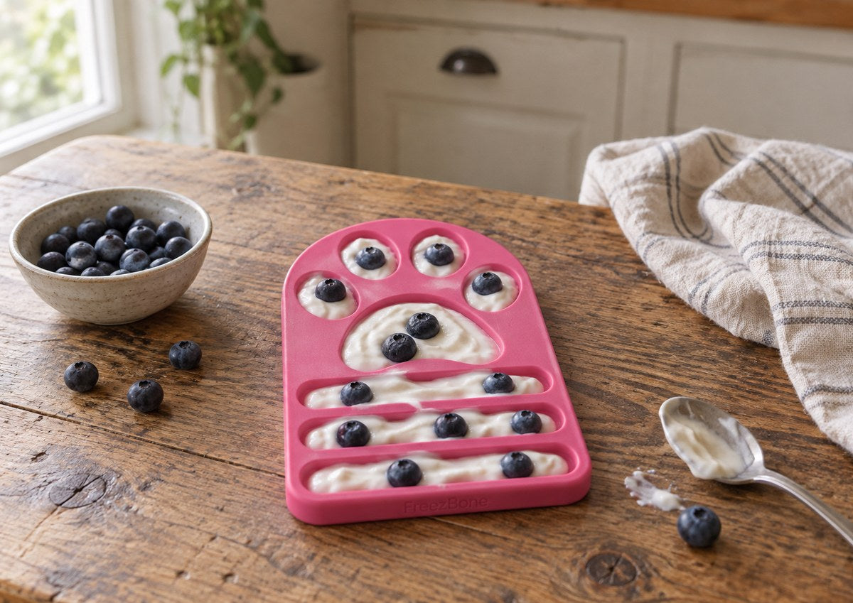 FreezPaw Mat  filled with yogurt + blueberries