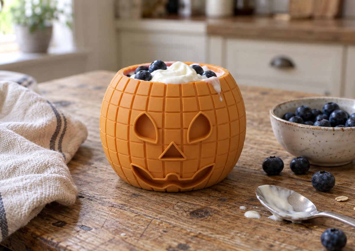 FreezPumpkin  filled with yogurt + blueberries