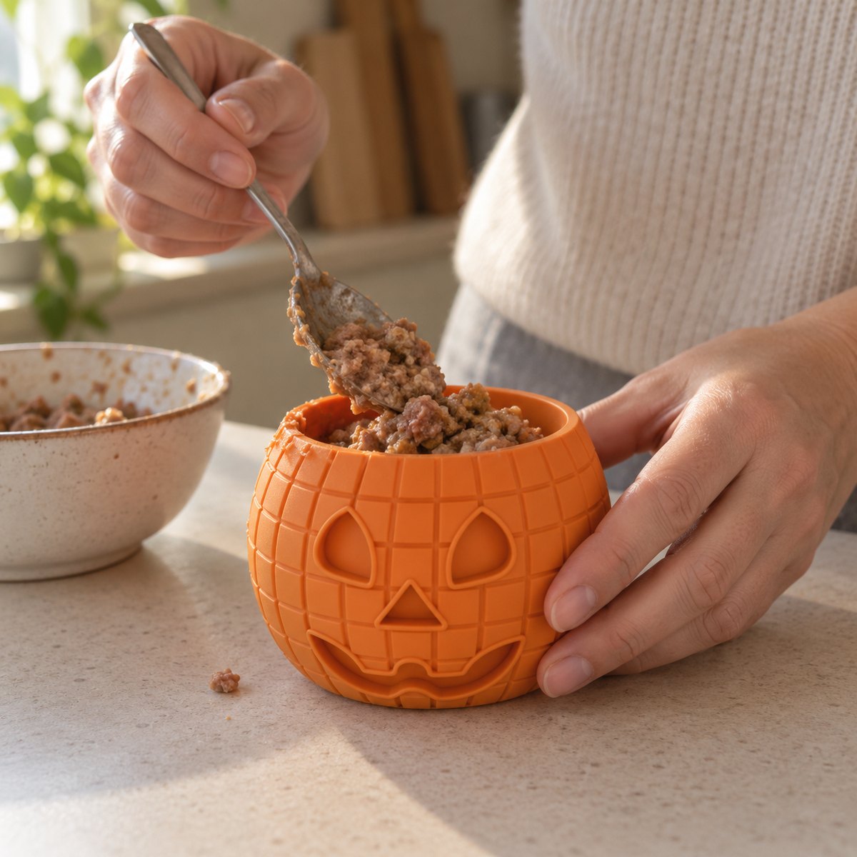 Filling a FreezPumpkin  with a soft treat