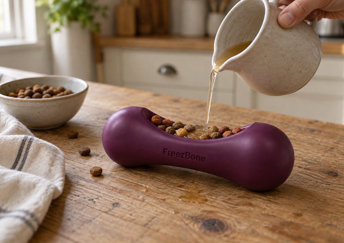 Freezstick filled with broth + kibble