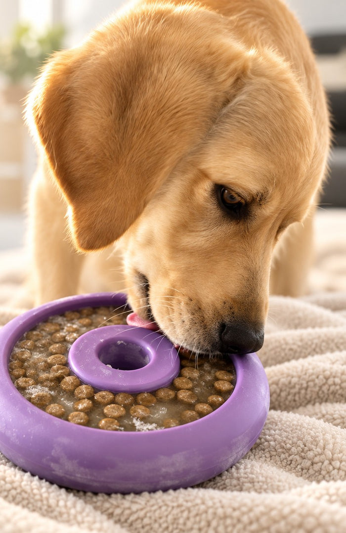 Golden retriever puppy licking frozen food from a purple Freez Doughnut